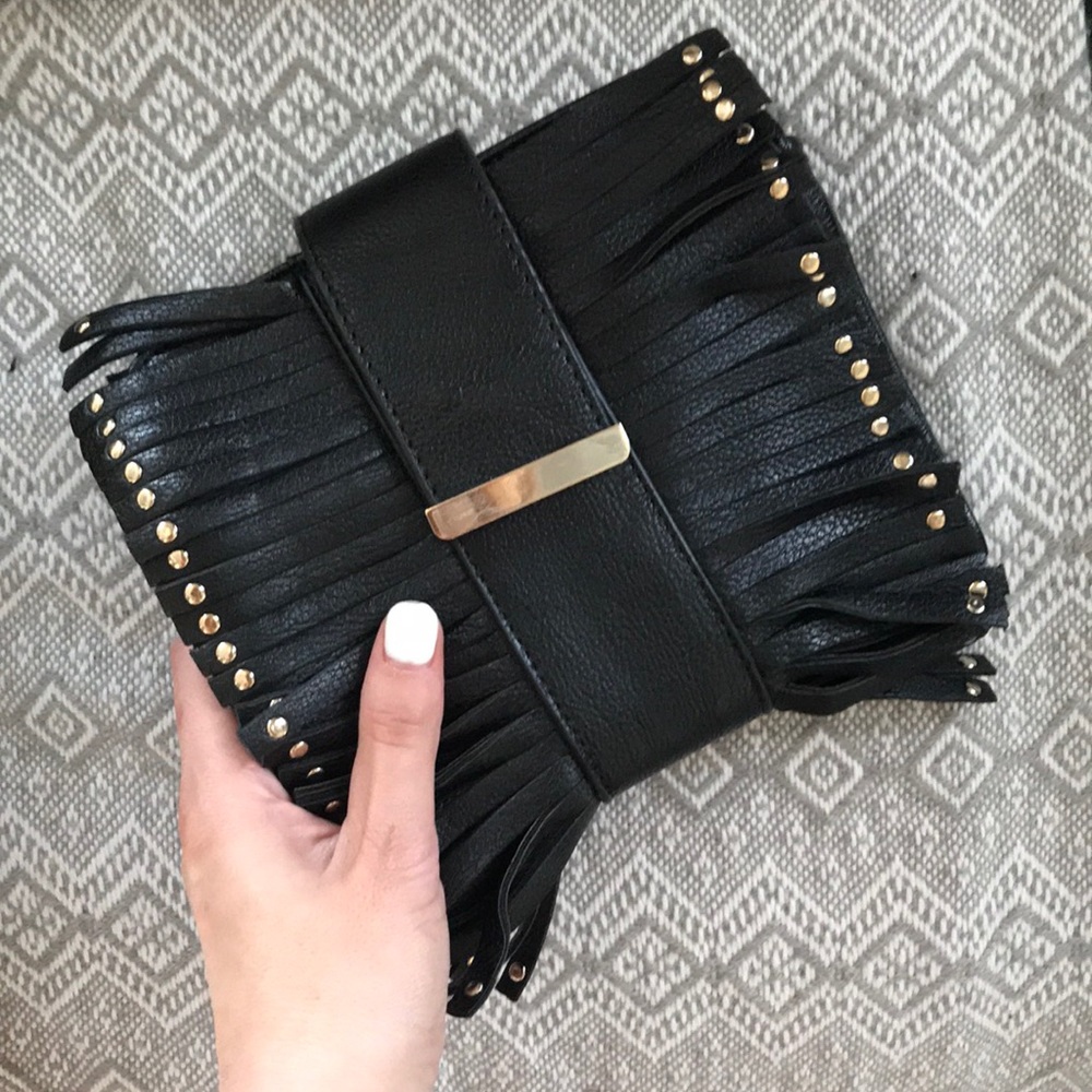 Black and silver fringe clutch